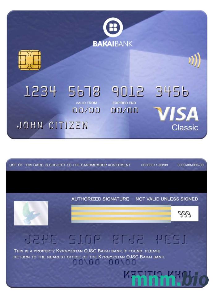 Kyrgyzstan OJSC Bakai Bank visa klasyczny karta przykład w formacie PSD